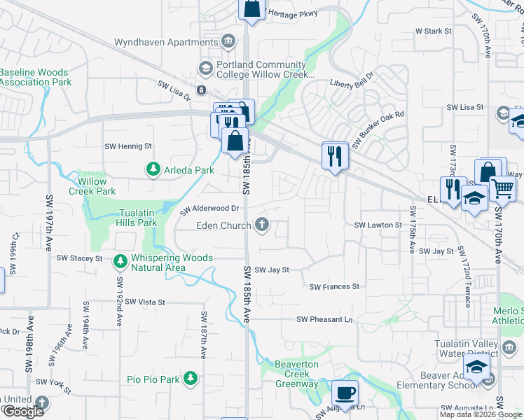 map of restaurants, bars, coffee shops, grocery stores, and more near 18412 Southwest Alderwood Drive in Beaverton