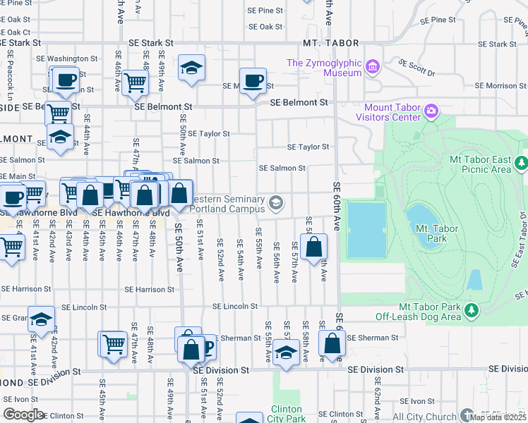 map of restaurants, bars, coffee shops, grocery stores, and more near 5511 Southeast Hawthorne Boulevard in Portland