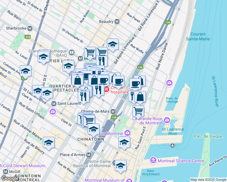 map of restaurants, bars, coffee shops, grocery stores, and more near 1037 Rue Saint-Denis in Montréal