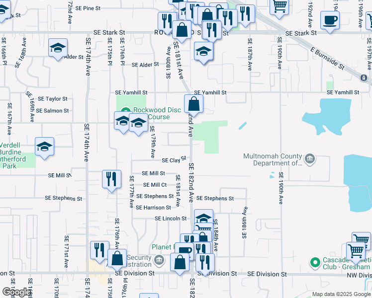 map of restaurants, bars, coffee shops, grocery stores, and more near 18107 Southeast Clay Street in Portland