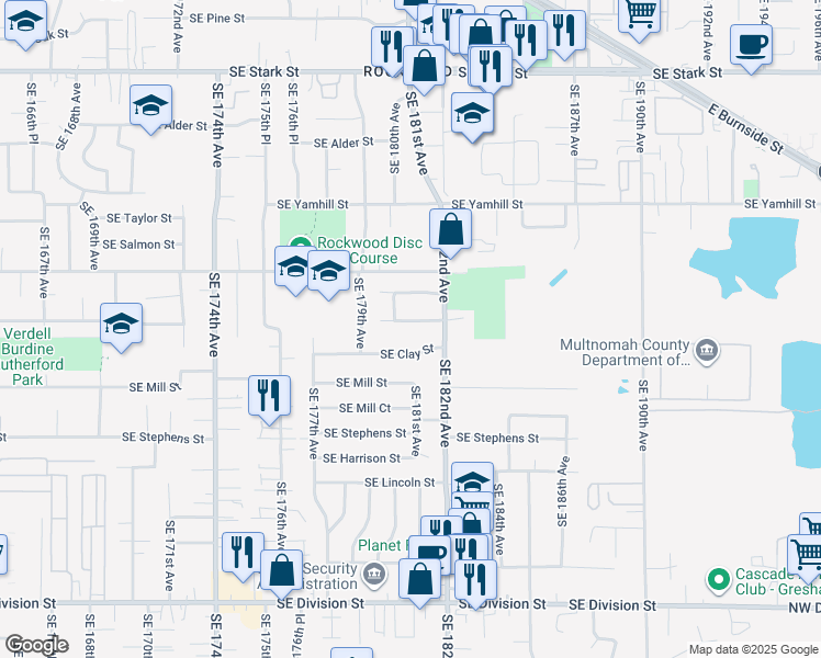 map of restaurants, bars, coffee shops, grocery stores, and more near 18107 Southeast Clay Street in Portland