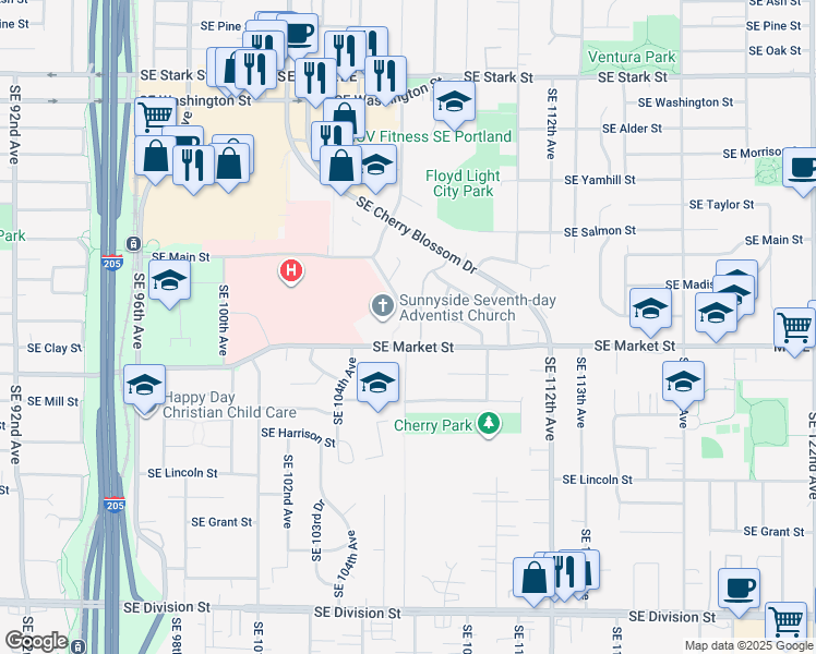 map of restaurants, bars, coffee shops, grocery stores, and more near 1614 Southeast 107th Avenue in Portland