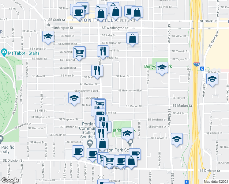 map of restaurants, bars, coffee shops, grocery stores, and more near 1542 Southeast 84th Avenue in Portland