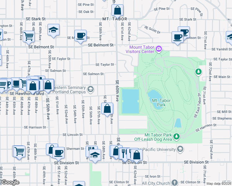 map of restaurants, bars, coffee shops, grocery stores, and more near 1522 Southeast 59th Avenue in Portland