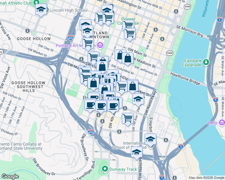 map of restaurants, bars, coffee shops, grocery stores, and more near in Portland