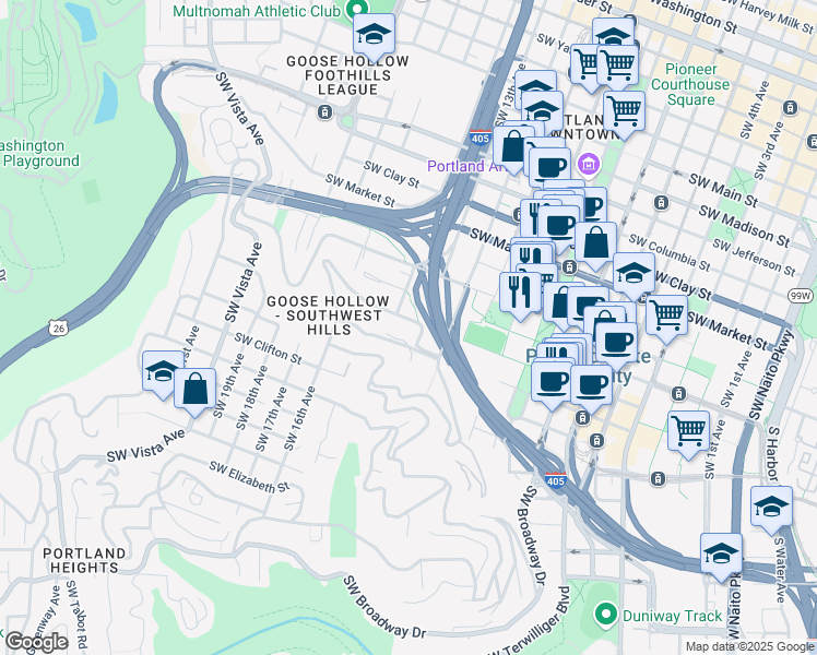 map of restaurants, bars, coffee shops, grocery stores, and more near 1334 Southwest College Street in Portland