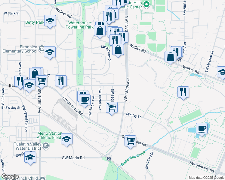 map of restaurants, bars, coffee shops, grocery stores, and more near 15951 Southwest Mortondale Lane in Beaverton