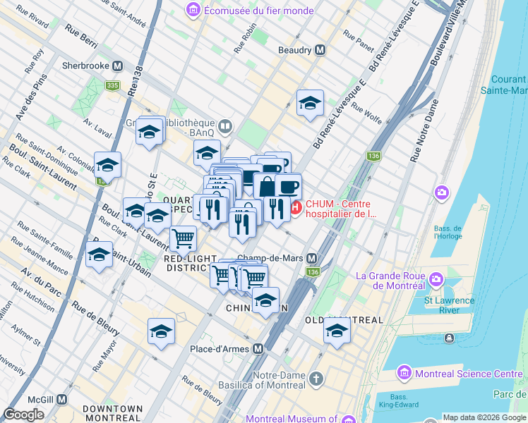 map of restaurants, bars, coffee shops, grocery stores, and more near 315 Boulevard René-Lévesque Est in Montréal