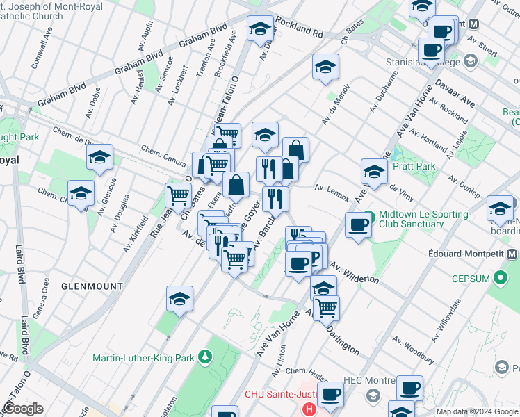 map of restaurants, bars, coffee shops, grocery stores, and more near 2650 Rue Goyer in Montréal