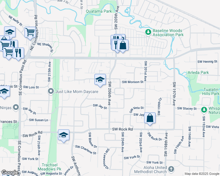 map of restaurants, bars, coffee shops, grocery stores, and more near 1065 Southwest 206th Avenue in Aloha