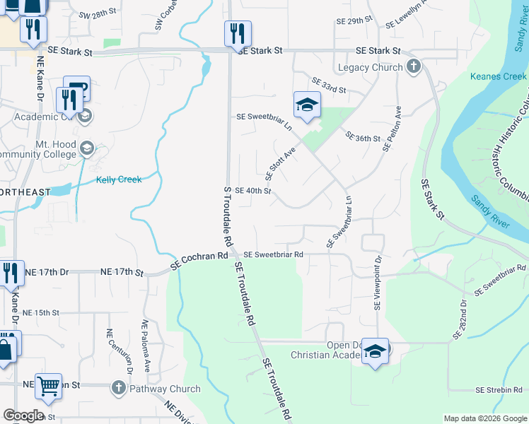 map of restaurants, bars, coffee shops, grocery stores, and more near 4031 Southeast Knarr Circle in Troutdale
