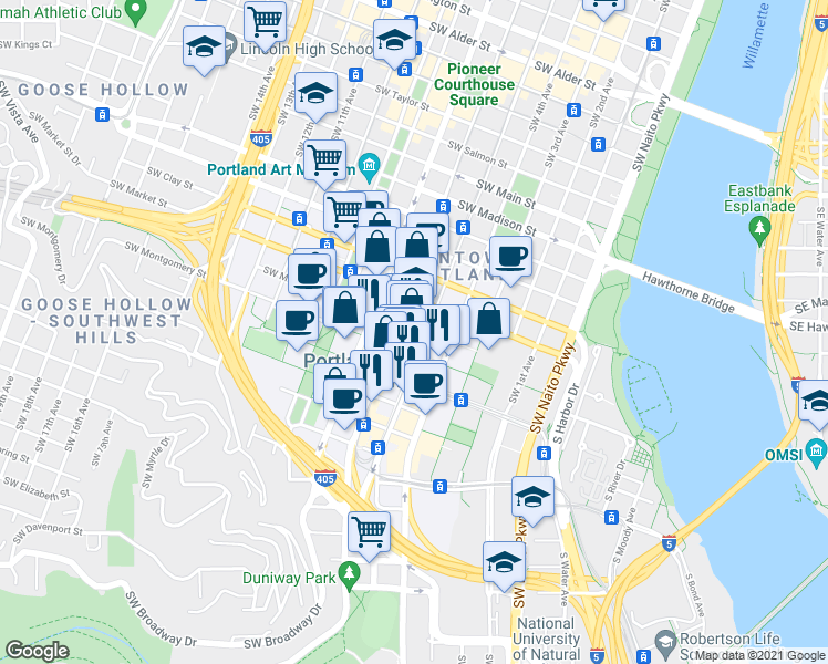 map of restaurants, bars, coffee shops, grocery stores, and more near 506 Southwest Mill Street in Portland