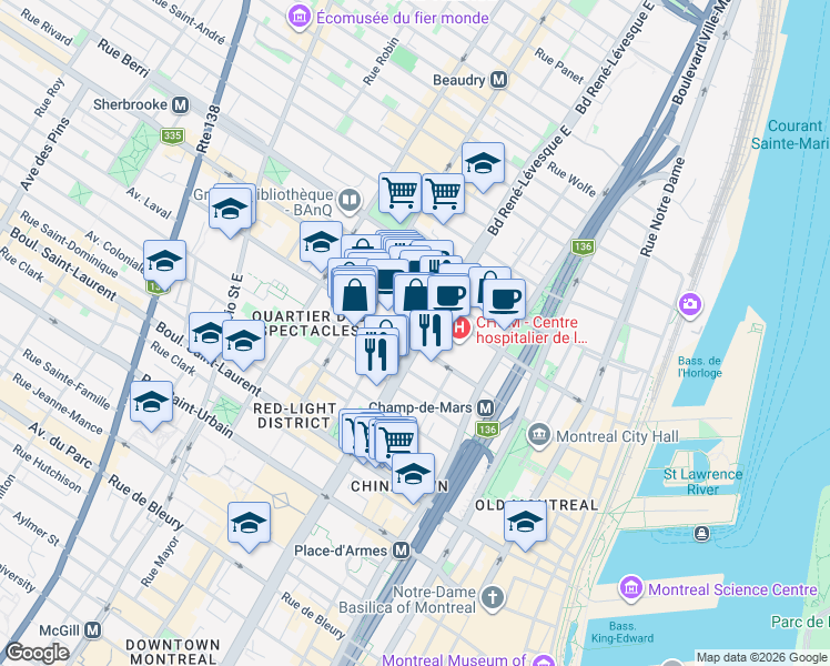map of restaurants, bars, coffee shops, grocery stores, and more near 333 Boulevard René-Lévesque Est in Montréal