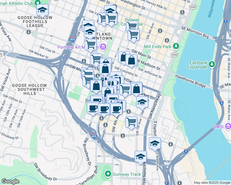 map of restaurants, bars, coffee shops, grocery stores, and more near 506 Southwest Mill Street in Portland