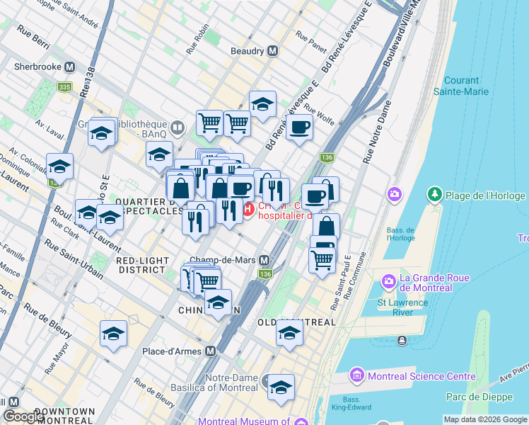 map of restaurants, bars, coffee shops, grocery stores, and more near 1037 Rue Saint-Denis in Montréal