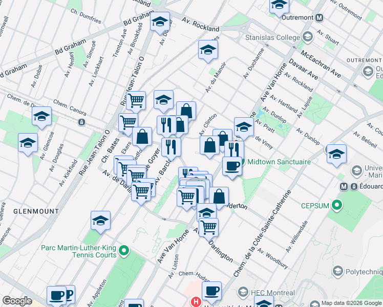 map of restaurants, bars, coffee shops, grocery stores, and more near 6300 Place Northcrest in Montrã©Al