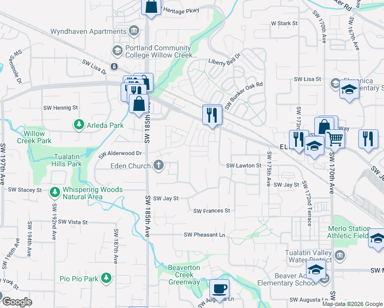 map of restaurants, bars, coffee shops, grocery stores, and more near 18155 Southwest Hoover Lane in Beaverton