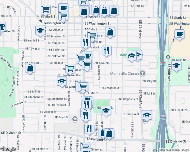 map of restaurants, bars, coffee shops, grocery stores, and more near 1542 Southeast 84th Avenue in Portland
