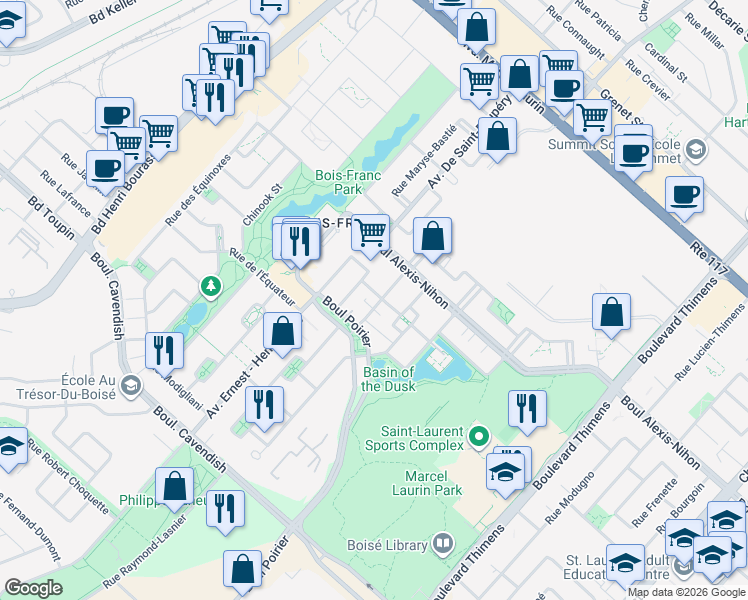 map of restaurants, bars, coffee shops, grocery stores, and more near 2407 Rue Charles-Darwin in Montréal