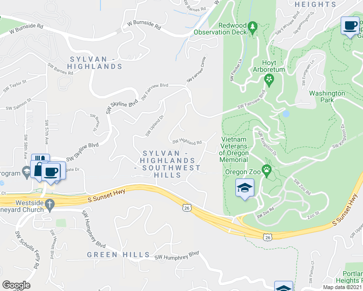 map of restaurants, bars, coffee shops, grocery stores, and more near 1439 Southwest Highland Road in Portland