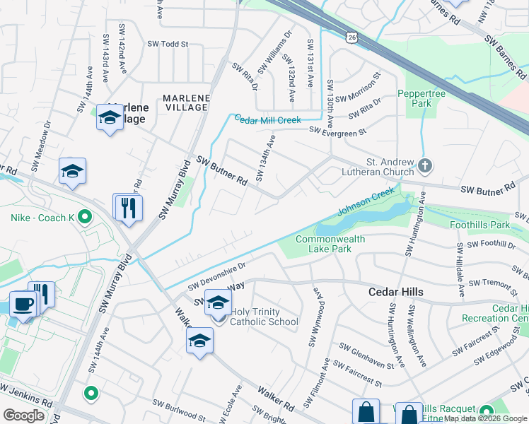 map of restaurants, bars, coffee shops, grocery stores, and more near 13284 Southwest Commonwealth Lane in Beaverton