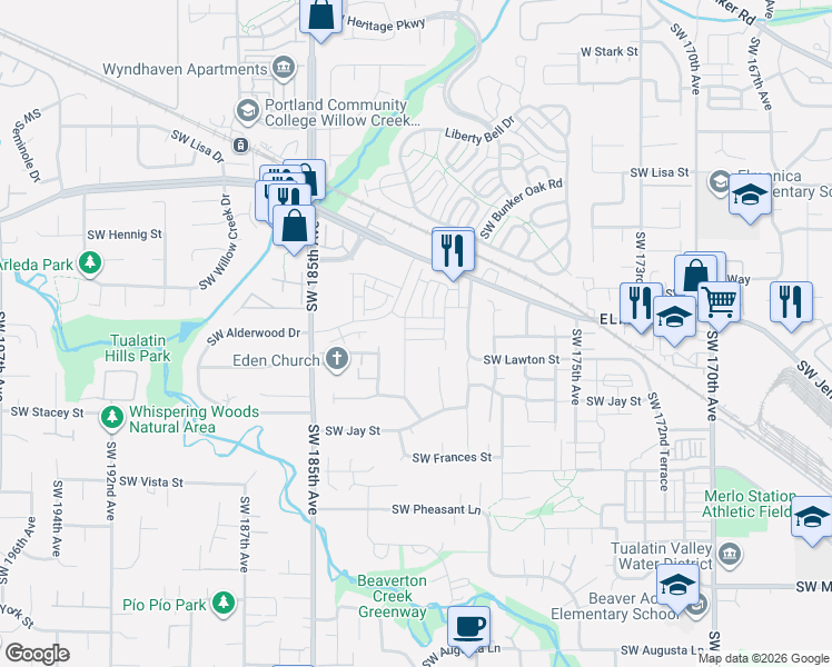 map of restaurants, bars, coffee shops, grocery stores, and more near 18135 Southwest Hoover Lane in Beaverton