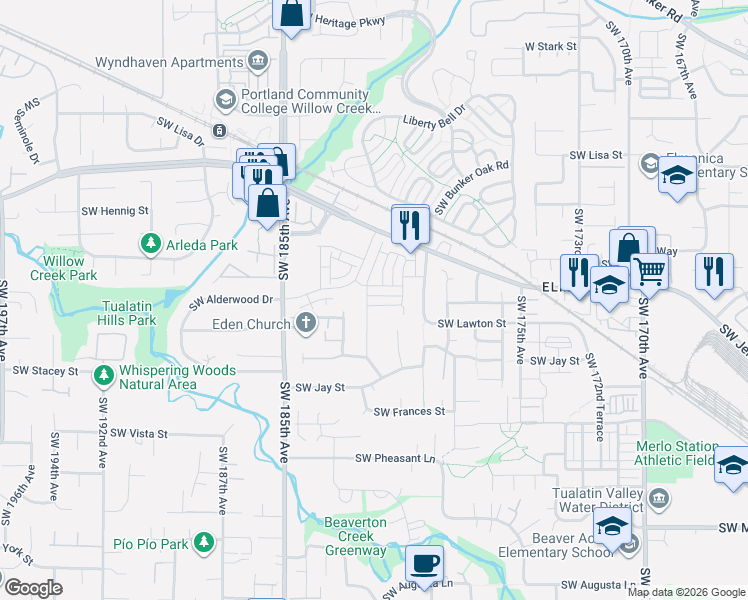 map of restaurants, bars, coffee shops, grocery stores, and more near 18145 Southwest Hoover Lane in Beaverton