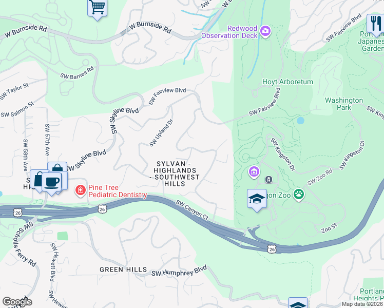 map of restaurants, bars, coffee shops, grocery stores, and more near 1439 Southwest Highland Road in Portland