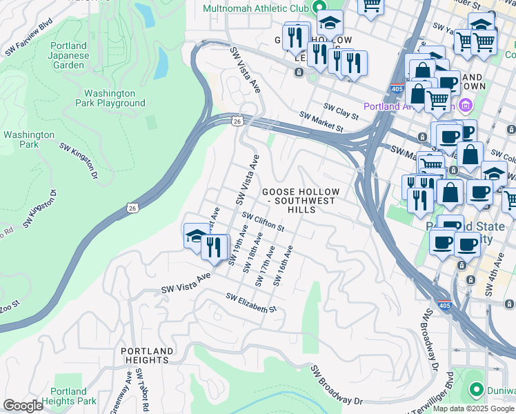 map of restaurants, bars, coffee shops, grocery stores, and more near 2008 Southwest 19th Avenue in Portland