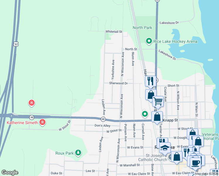 map of restaurants, bars, coffee shops, grocery stores, and more near 916 Yorkshire Avenue in Rice Lake