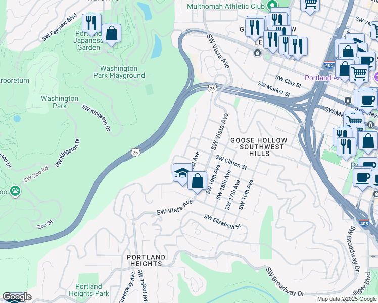 map of restaurants, bars, coffee shops, grocery stores, and more near 2116 Southwest Montgomery Drive in Portland