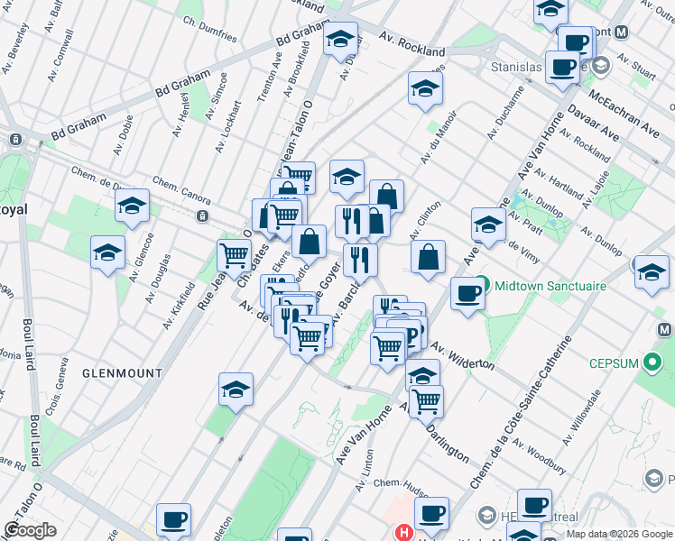 map of restaurants, bars, coffee shops, grocery stores, and more near 2650 Rue Goyer in Montreal