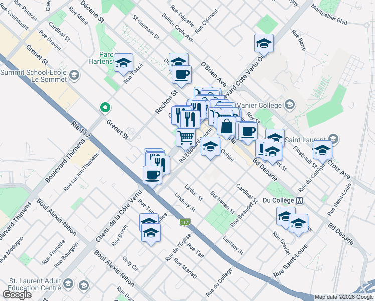map of restaurants, bars, coffee shops, grocery stores, and more near 1645 Boulevard Edouard-Laurin in Montréal