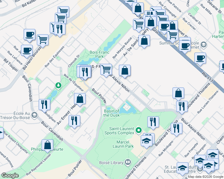 map of restaurants, bars, coffee shops, grocery stores, and more near 1749 Rue du Pirée in Montréal