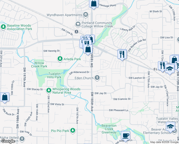 map of restaurants, bars, coffee shops, grocery stores, and more near 18535 Southwest Longacre Street in Aloha