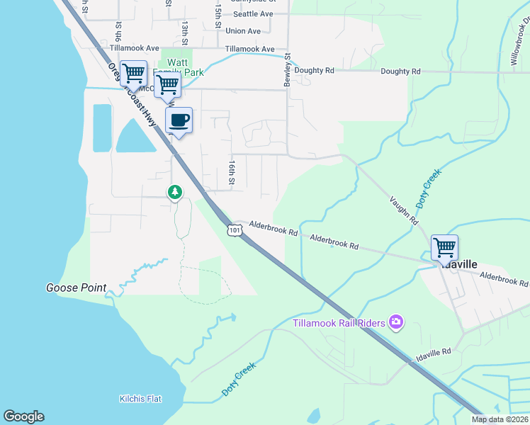 map of restaurants, bars, coffee shops, grocery stores, and more near Alderbrook Road in Tillamook