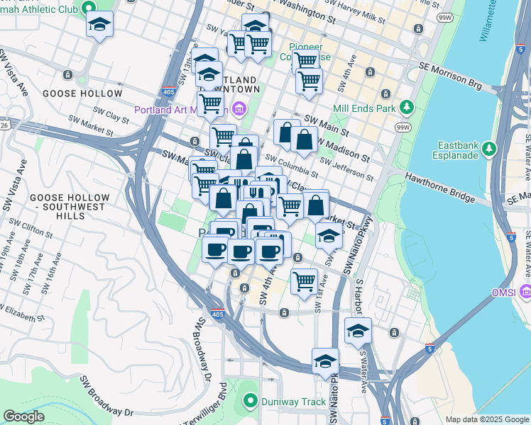 map of restaurants, bars, coffee shops, grocery stores, and more near 506 Southwest Mill Street in Portland