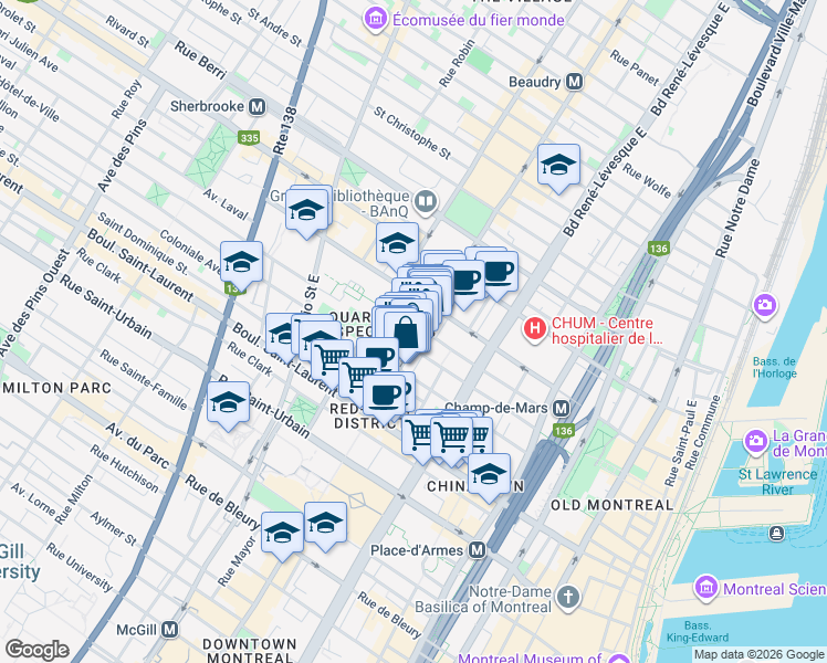 map of restaurants, bars, coffee shops, grocery stores, and more near 1406 Rue Sainte-Elisabeth in Montréal
