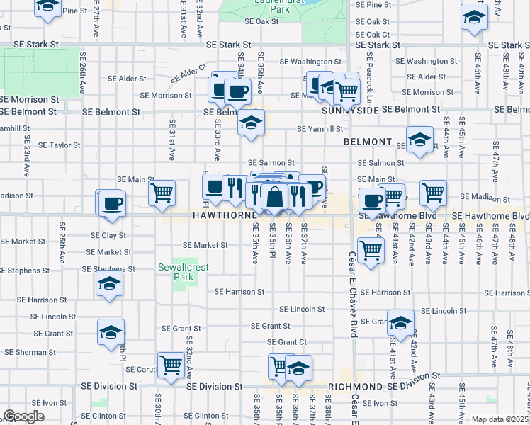 map of restaurants, bars, coffee shops, grocery stores, and more near 3525 Southeast Hawthorne Boulevard in Portland