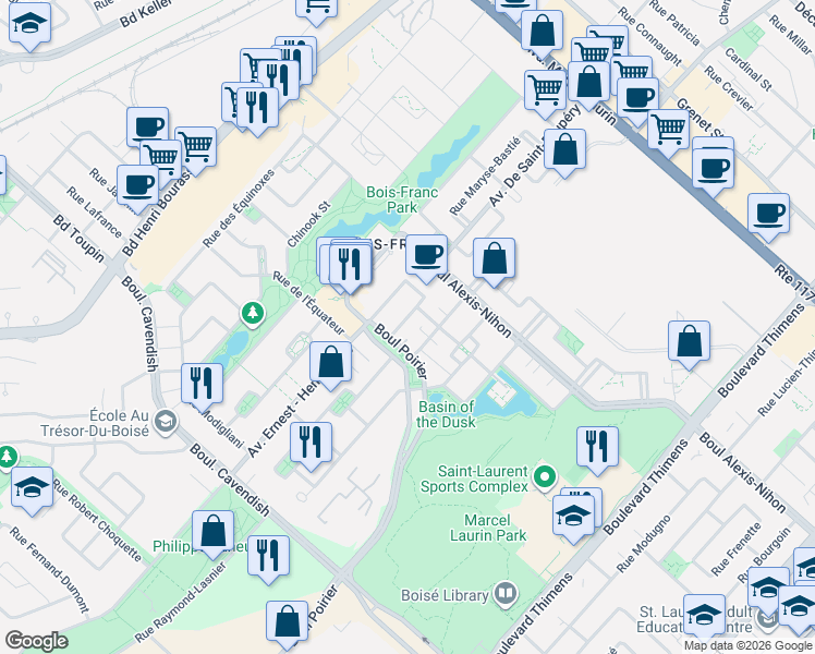 map of restaurants, bars, coffee shops, grocery stores, and more near 2470 Rue Harriet-Quimby in Montréal