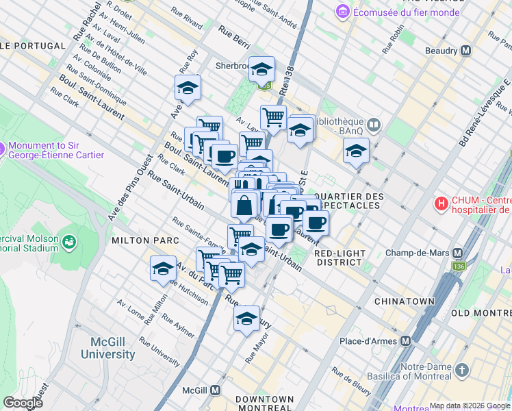 map of restaurants, bars, coffee shops, grocery stores, and more near 2100 Boulevard Saint-Laurent in Montréal
