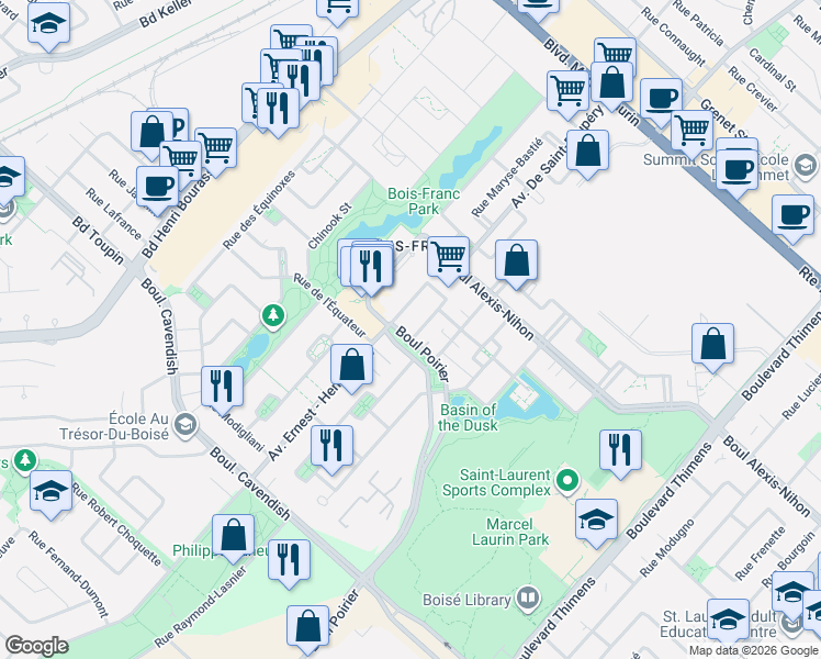 map of restaurants, bars, coffee shops, grocery stores, and more near 2487 Rue Harriet-Quimby in Montréal