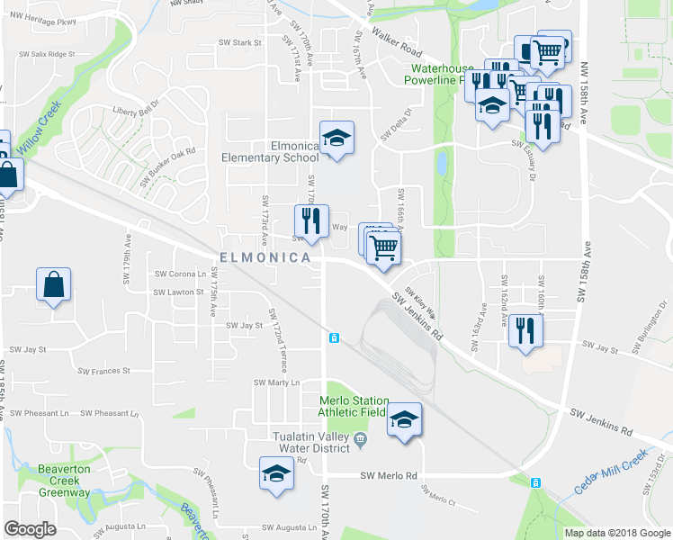 map of restaurants, bars, coffee shops, grocery stores, and more near 1060 Southwest 170th Avenue in Beaverton