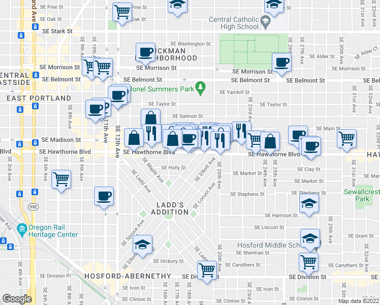 map of restaurants, bars, coffee shops, grocery stores, and more near SE Hawthorne Blvd & SE 18th Ave in Portland