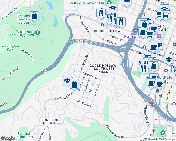 map of restaurants, bars, coffee shops, grocery stores, and more near 2008 Southwest 19th Avenue in Portland