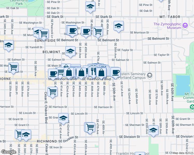 map of restaurants, bars, coffee shops, grocery stores, and more near 4635 Southeast Hawthorne Boulevard in Portland