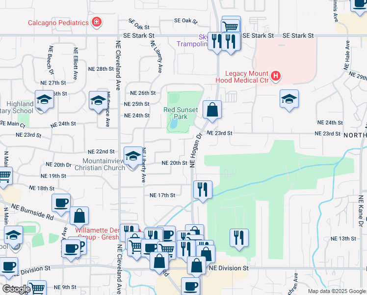 map of restaurants, bars, coffee shops, grocery stores, and more near 1645 Northeast 20th Street in Gresham