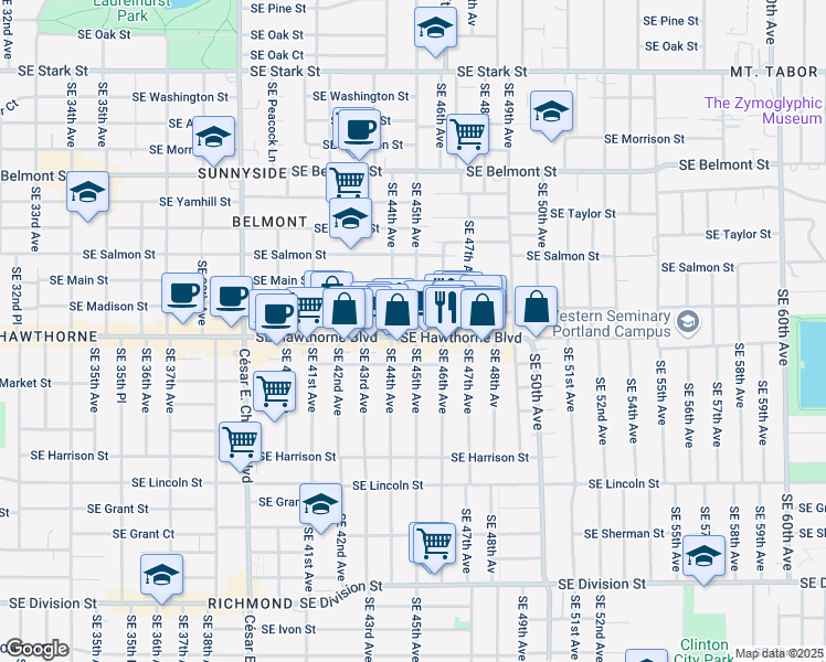 map of restaurants, bars, coffee shops, grocery stores, and more near 1532 Southeast 45th Avenue in Portland