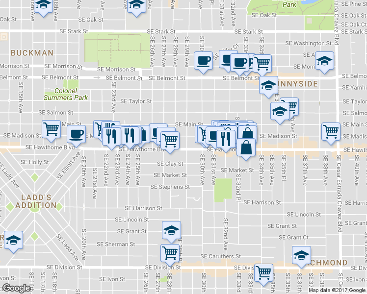 map of restaurants, bars, coffee shops, grocery stores, and more near 2800 Southeast Hawthorne Boulevard in Portland