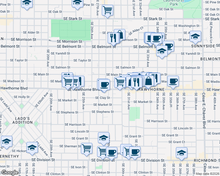 map of restaurants, bars, coffee shops, grocery stores, and more near 2800 Southeast Hawthorne Boulevard in Portland